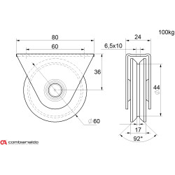 Vodiace koliesko ø 60mm s oporou Combi Arialdo, V profil, nosnosť 100kg Vodiace koliesko ø 60mm s oporou Combi Arialdo, V profil, nosnosť 100kg